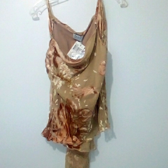 Diana Gallesi Tops - Tan silk floral sleeveless flowy blouse with attached scarf